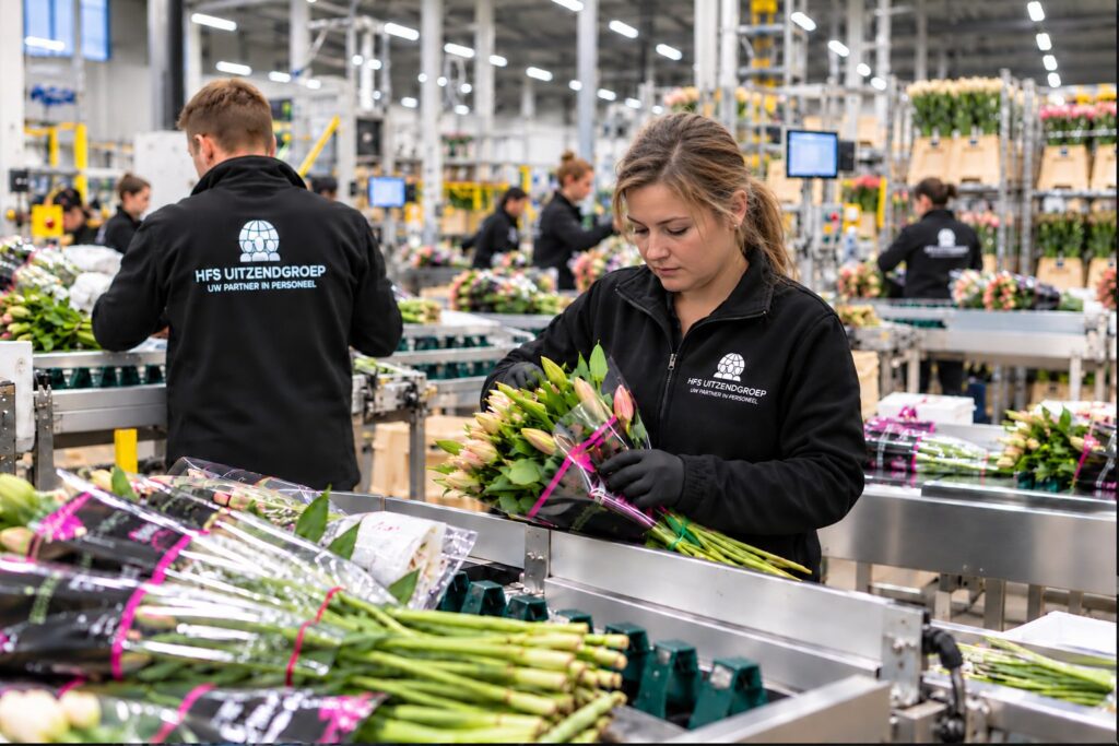 Medewerkers van HFS Uitzendgroep verwerken bloemen in een moderne productiehal