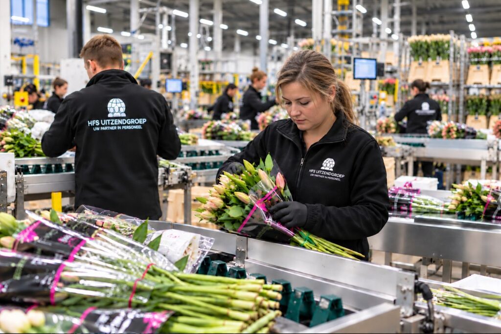 Medewerkers van HFS Uitzendgroep verwerken bloemen in een moderne productiehal