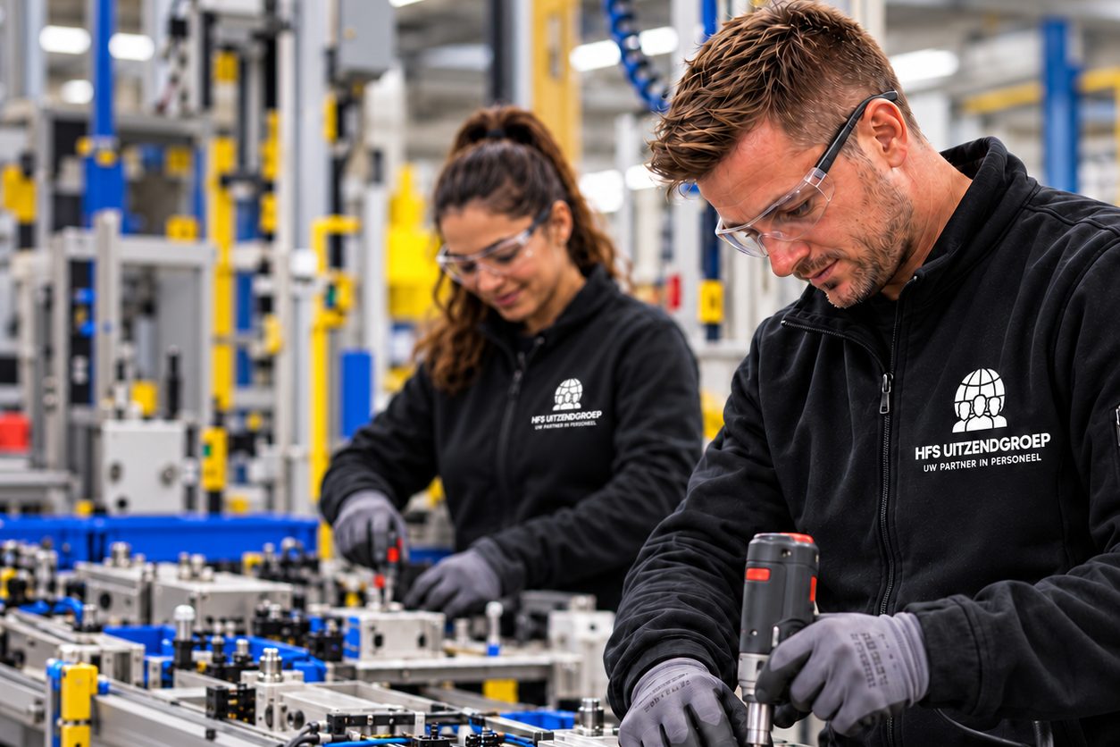 Twee medewerkers van HFS Uitzendgroep aan het werk aan een productielijn